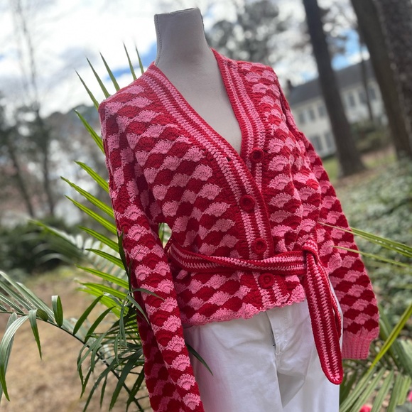 FARM Rio Sweaters - FARM Rio 🍃 HTF ✨ Fan Stitch Belted Crochet Cardigan, Red + Pink, Size Large, NEW